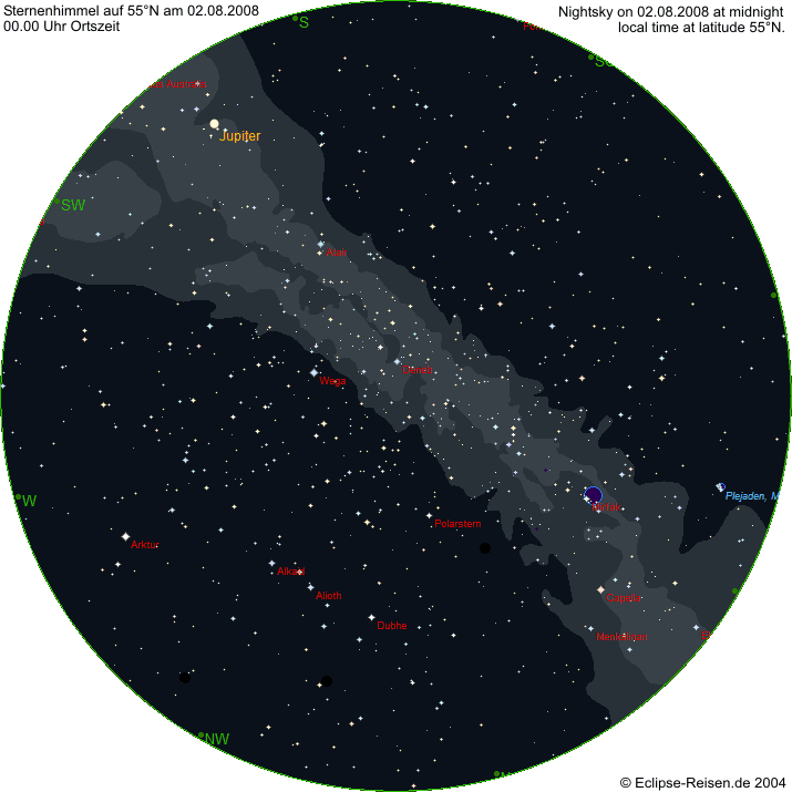 Nachthimmel auf 55 Nord Anfang August 2008 um 00.00 Uhr Ortszeit