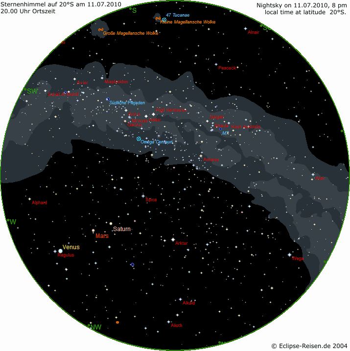 Nachthimmel auf 20 Sd Mitte Juli 2010 um 20.00 Uhr Ortszeit